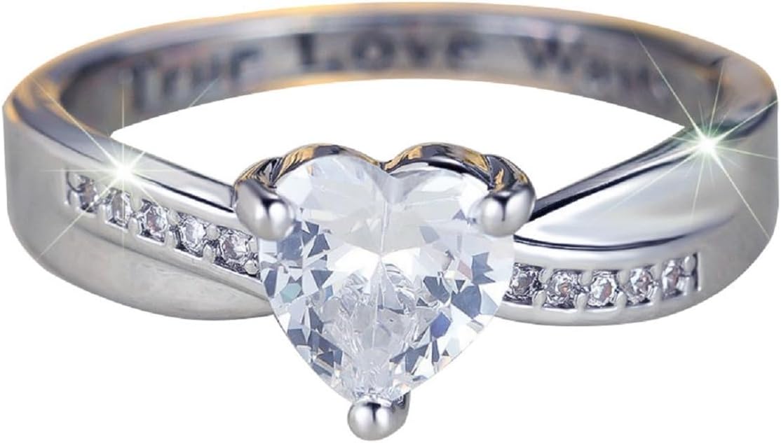 Women's Round Heart-shaped Zircon Ring with Inner Letter Engraving – Elegant Micro-Pavé Proposal Wedding Band, 0.8cm Solitaire Stone, White Gold Plated Brass
