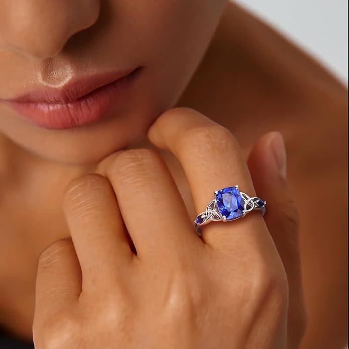 925 Sterling Silver Birthstone Rings for Women Cushion Cut Engagement Celtic Knot Ring Irish Jewelry Created Gemstone Anniversary Rings Size 6-10(with Box)
