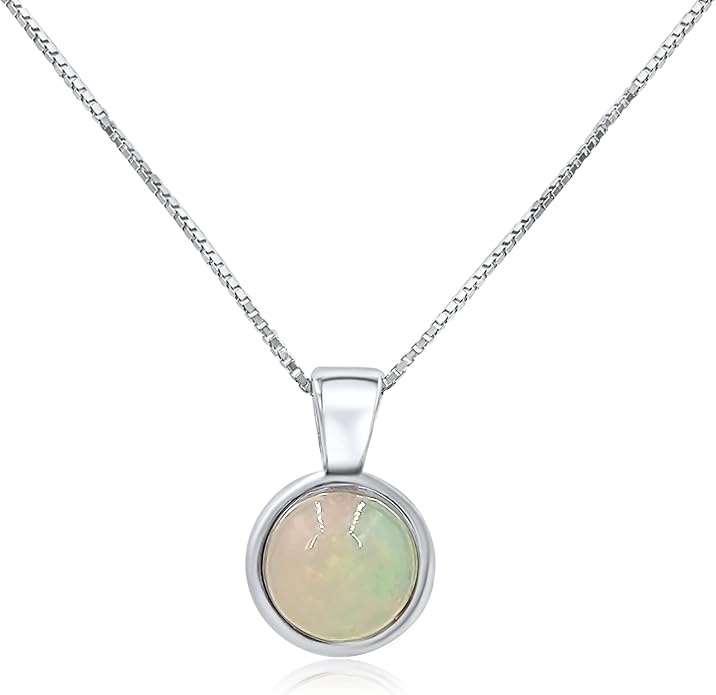 Natural gemstone 8mm round pendant with white gold over 925 sterling silver bezel cabochon plate and box chain, real genuine dainty birthstone gift for her, uniquelan jewelry