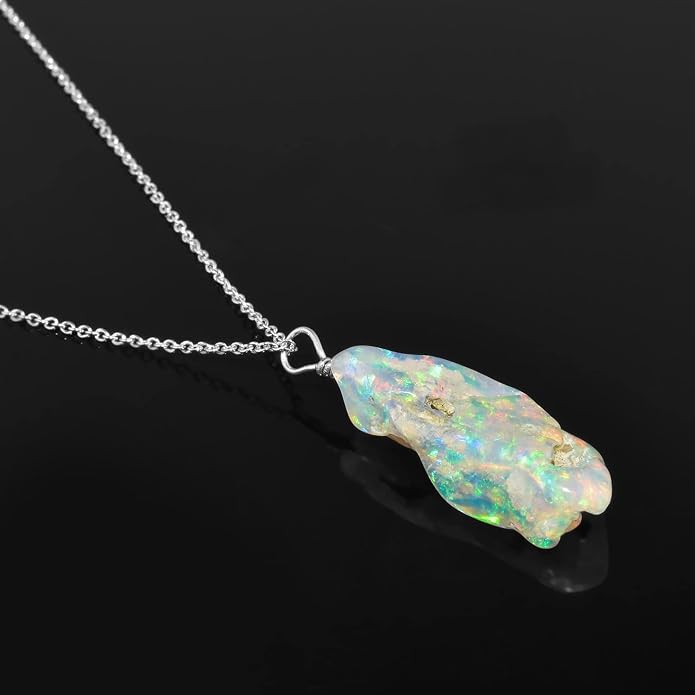 Ultra Fire Raw Ethiopian Opal Rough Dainty Pendant Necklace For Women, Healing Chakra Crystals, Handmade October Birthstone Jewelry, 925 Silver Chain 18 inch, Wedding Gift