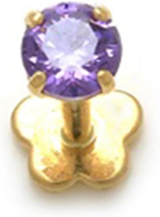 AVORA 14K Yellow/White Gold 3mm Round Simulated Diamond (0.1 carat) Cartilage Piercing Flat Back Earring Body Jewelry (18 Gauge) - Emerald, Ruby, Amethyst, Sapphire, Sim. Diamond