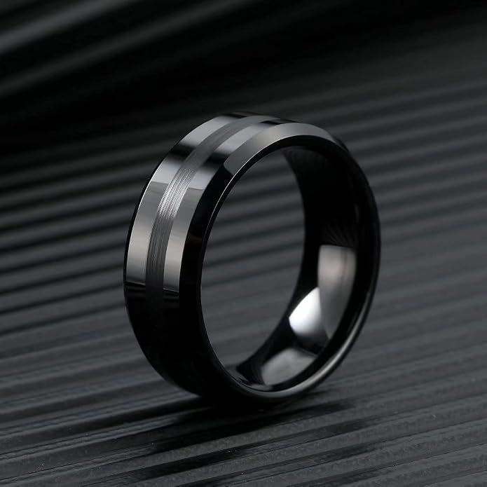 King Will Classic Tungsten Carbide Ring Brushed Two Grooved Center Hammered Design Mens Wedding Band for Men