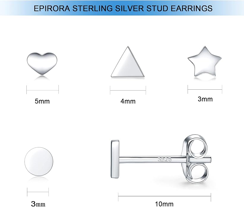 EPIRORA Sterling Silver Stud Earrings for Women Men- 4 Pairs of Hypoallergenic Simple Geometric Small Stud Earring Set Tiny Circle Triangle Square Bar Stud Earrings Mini Cartilage Tragus Earrings