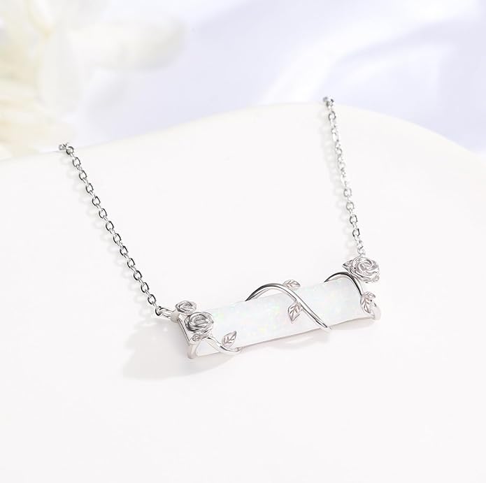 Bar Opal Leaf Necklace For Women S925 Sterling Silver White Opal Pendant with Leaf Charm Bar Pendant Jewelry Gift For Mom Daughter Wife
