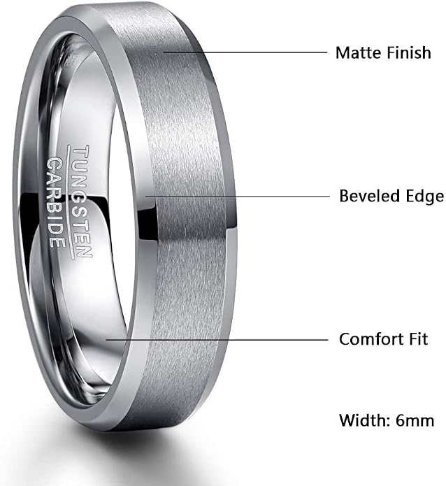 Vakki Tungsten Rings for Men 6mm Silver Matte Finish Tungsten Wedding Band Polished Beveled Edge Comfort Fit Size 6-13