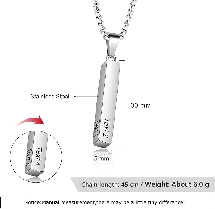 Personalized Men's Name Bar Necklace Engraved Initial Name Stainless Steel Vertical Bar Necklace for Father Husband Boyfriend Birthday