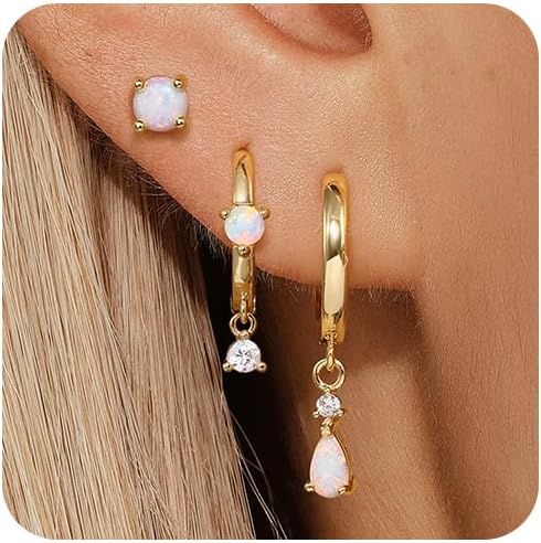 Angelady Opal Earrings Set for Women, Hypoallergenic S925 Sun Stud Earring for Sensitive Ears, Dainty Hoop Huggie Silver Opal Dangle Earring Stacks, Blue Earrings for Women Trendy 2025