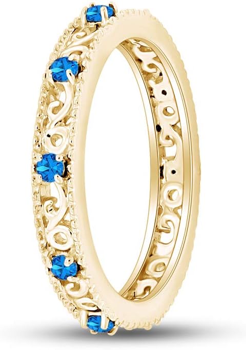 Jewel Zone US Filigree Eternity Wedding Band Ring for Women, Round Cut Simulated Gemstone Stackable Promise Ring in 14K Gold Plated 925 Sterling Silver Band Width 3.5mm – Elegant Jewelry for Her