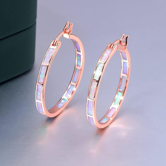 CiNily Opal Hoop Earrings,Women Jewelry Rhodium Plated/Rose Gold or Yellow Gold Plated Gemstone Big Hoop Earrings 32mm