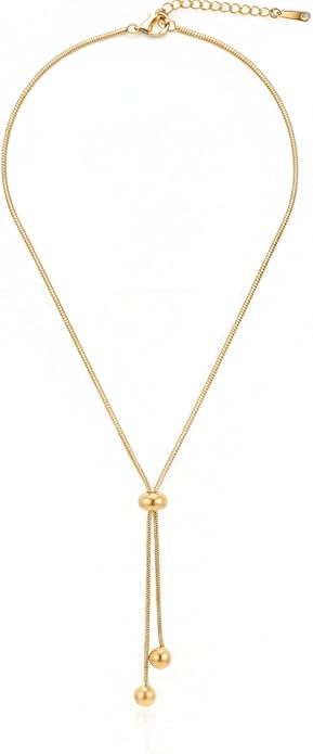 18k Gold Long Necklace for Women Dainty Snake Chain Bolo Adjustable Minimalist Round Bead Jewelry Trendy Simple Aesthetic Gifts for Her