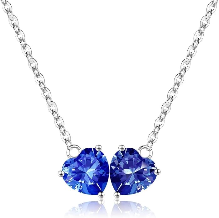 Iefil 1.25Ct Double Heart Birthstone Necklace - 925 Sterling Silver Birthstone Necklace, Birthday Gifts for Women, Jewelry Gifts for Mom Daughter Wife