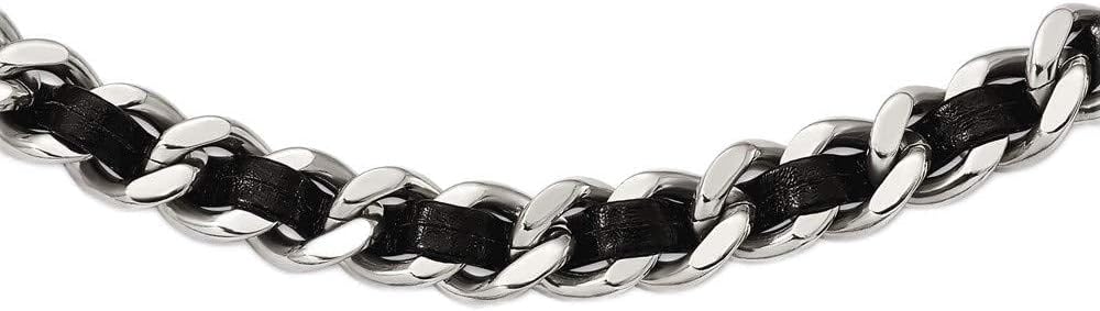 Solid Stainless Steel Polished Blk Leather 2In. Ext. Curb Choker Necklace