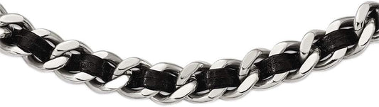Solid Stainless Steel Polished Blk Leather 2In. Ext. Curb Choker Necklace