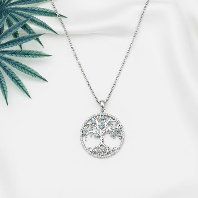 ONEFINITY Tree of Life Necklace 18k White Gold Plated Tree of Life Birthstone Pendant Necklace Birthstone Jewelry Anniversary Birthday Gifts for Women Men