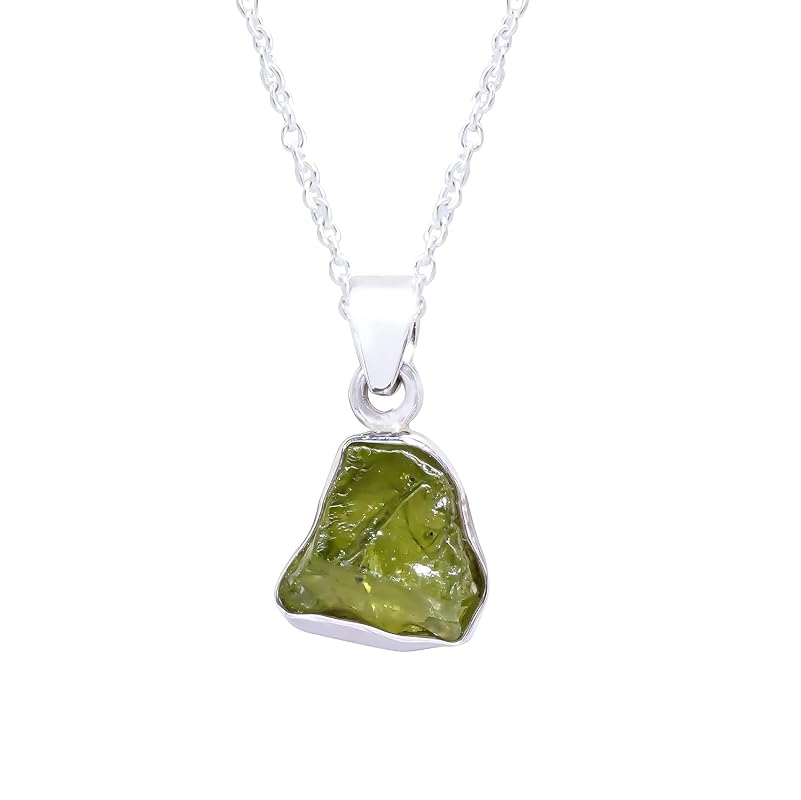 Natural Real Raw Peridot Crystals Bezel Pendant Necklace, Birthstone, Healing Rough Gemstone, 925 Sterling Silver Jewelry 18 inch