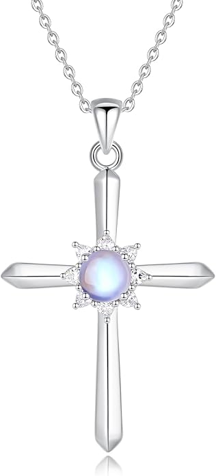 FANCIME Birthstone Cross Necklace for Women Sterling Silver Birthstone Necklace Halo Infinity Cross Pendant Necklace Fine Jewelry Valentines Day Gifts Birthday Holiday Gifts for Her, 16"+2" Inches