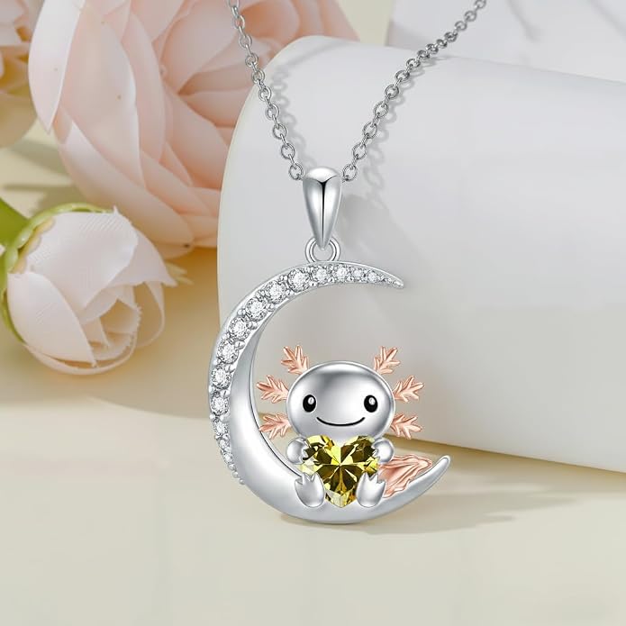 PROESS Animal Birthstone Necklace 925 Sterling Silver Otter/Axolotl/Hippo/Elephant/Dachshund/Monkey/Red Panda Pendant Necklace Animal Birthstone Jewelry Gifts for Women