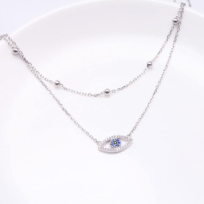 Layered Choker Necklaces for Women S925 Sterling Silver Circle/Heart/Cross/Star Multi Layered Necklace Handmade Bead Chain Adjustable Jewelry for Birthday