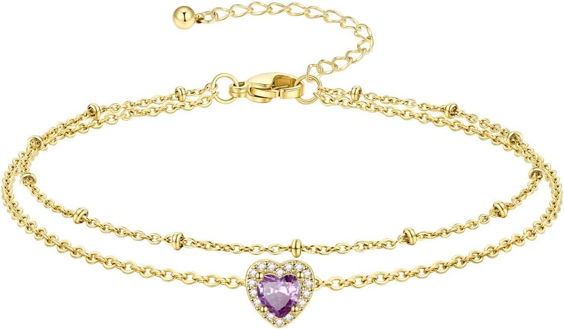 Richsteel Double Layer Heart/Butterfly Birthstone Anklet for Women Non Tarnish Waterproof, Silver/Gold/Black Stainless Steel 8.5-10.5 Inch Adjustable Chain Anklets Jewelry Gifts for Her