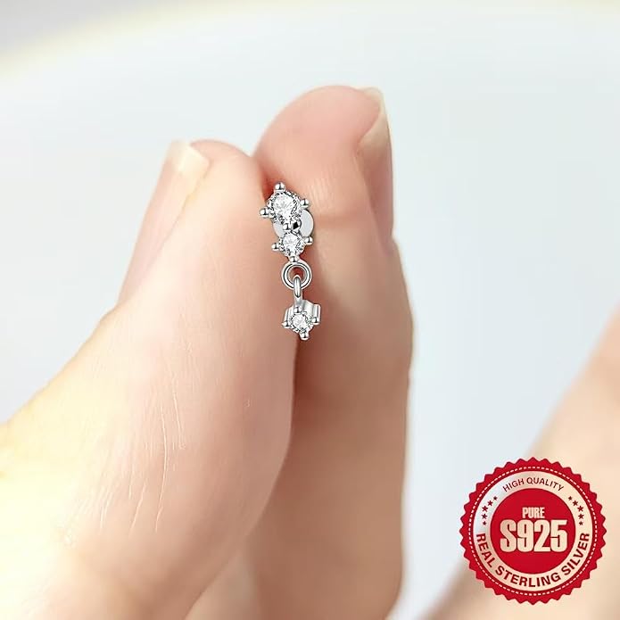 Sterling Silver 925 Flat Back Earring for Women 1PC 16G Helix Piercing Jewelry Dangle Cartilage Earring Internally Threaded Tragus Forward Conch Stud CZ Ear Ring 8mm Gifts