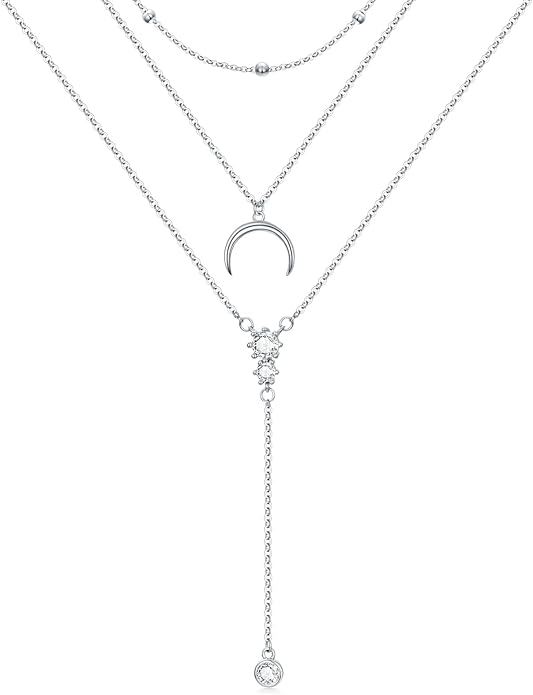 MONGAS Boho Layered Necklace Sterling Silver Triple 3 Stacked Vertical Bar Triangle Long Layering Necklaces Christmas Jewelry Gifts for Women