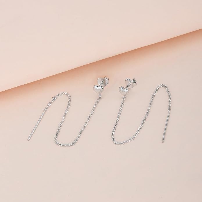 Vanbelle 925 Sterling Silver Jewelry - Dangling Chain & Heart Stud Threader Earring - Rhodium Plated - Classic Lightweight Valentine Gift for Her
