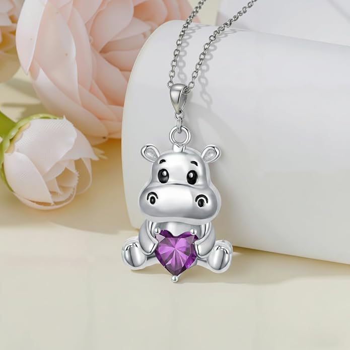 PROESS Animal Birthstone Necklace 925 Sterling Silver Otter/Axolotl/Hippo/Elephant/Dachshund/Monkey/Red Panda Pendant Necklace Animal Birthstone Jewelry Gifts for Women