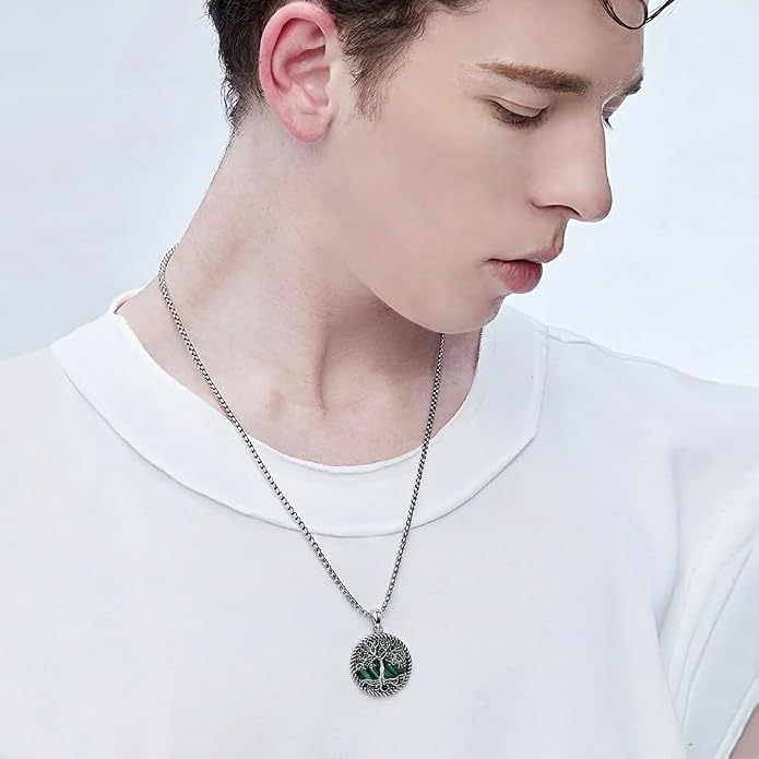 Tree of Life Necklace 18K White Gold Plated Turquoise/Pearl Shell/Malachite/Abalone Shell/Blue Opal/Black Onyx Tree Necklace Jewelry Gift for Women Men,22+2"