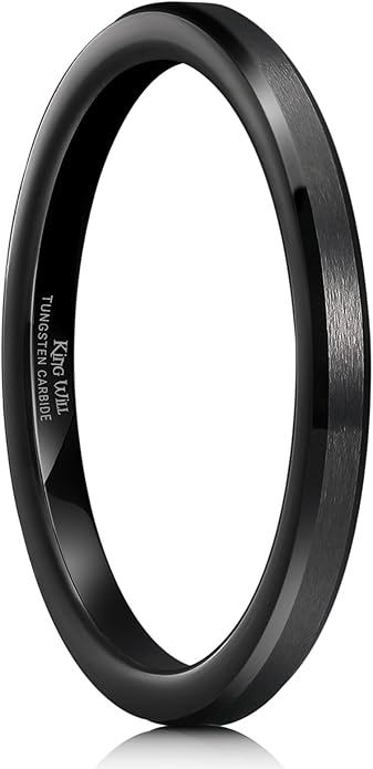 King Will Tungsten Men's Wedding Ring - Available in 6mm to 10mm, Black/Silver, Matte Finish, Beveled Polished Edge, Comfort Fit