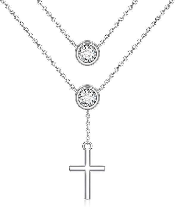 Layered Necklaces for Women S925 Sterling Silver 14k Gold Plated Cross Jesus Tulip Birth Month Flower Necklace Pendant Jewelry Mothers Day Birthday Gifts