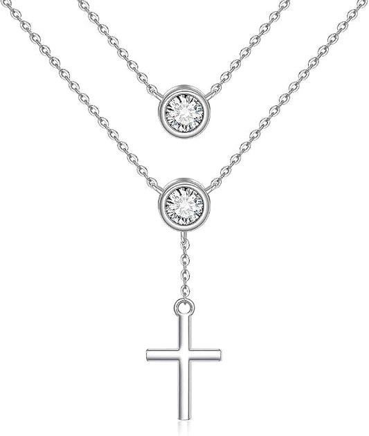 Layered Necklaces for Women S925 Sterling Silver 14k Gold Plated Cross Jesus Tulip Birth Month Flower Necklace Pendant Jewelry Mothers Day Birthday Gifts