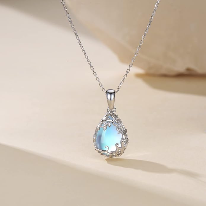 Teardrop Moonstone/Turquoise Necklace for Women 925 Sterling Silver Cage Filigree Necklaces Anniversary Birthday Jewelry Gift for Women