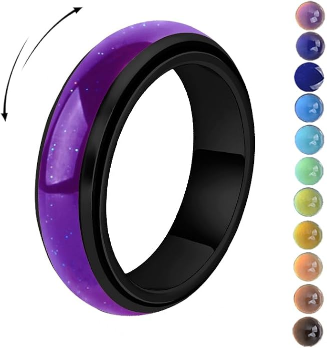 Mood Fidget Ring for Women Teens - 6mm Stainless Steel Temperature Sensative Color Changing Spin Rings for Anxiety Relief Mood Jewelry