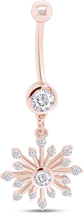 AFFY Snowflake Belly Button Ring for Women Simulated Birthstone, Round Cut Gemstone in 14K Gold Over 925 Sterling Silver, Navel Barbell Piercing Jewelry for Her