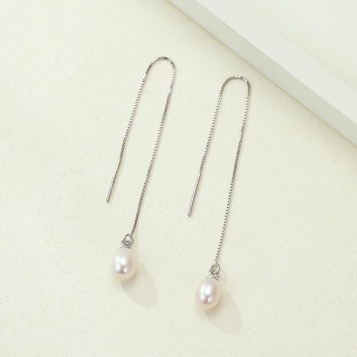 JaruJaru Vermeil Chain Freshwater Pearl Earrings for Women, Gold Threader Earrings, Gold plated on S925 Sterling Silver, Hypoallergenic Thread Through Dangle Earrings