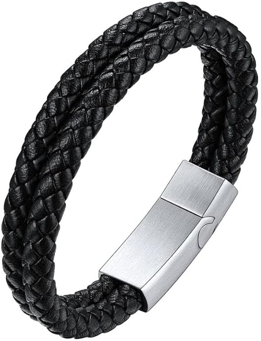 ChainsHouse Mens Wrap Braided Leather Black Bead Bracelets Bangles, Vintage Star of David/Wing Skull/Templar Cross Genuine Leather Bracelet, Customize Available, Size 7.5/8.3/9.0 Inch, Send Gift Box