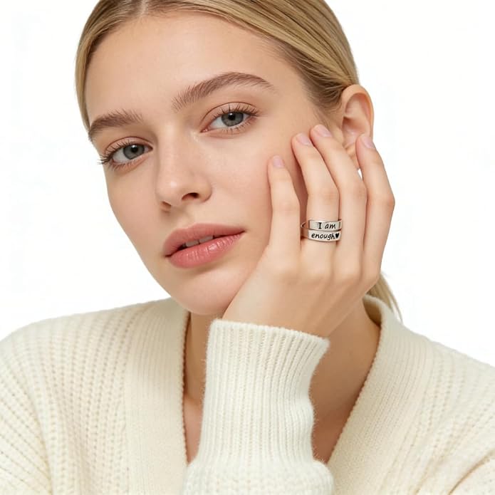 I Am Enough Ring For Women, Self Love Silver Open Band Gold Rings Card Engraved Motivation Stackable Inspirational Neighbor Bestie Friendship Jewelry