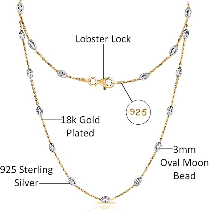 Savlano 18K Gold Plated Over 925 Sterling Silver Station Oval Moon Bead Necklace Chain For Women. Silver, Gold, Rose Gold - Made in Italy Comes With a Gift Box