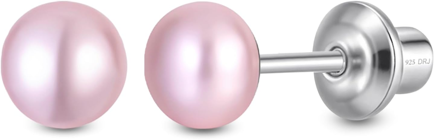 Pearl Screw Back Stud Earrings for Baby, Toddler, Girls | Hypoallergenic 925 Sterling Silver Screwback Safety Earrings | Simulated Pearl Studs for Sensitive Ears | Keepsake Gift for Birthdays Holidays Special Occasions