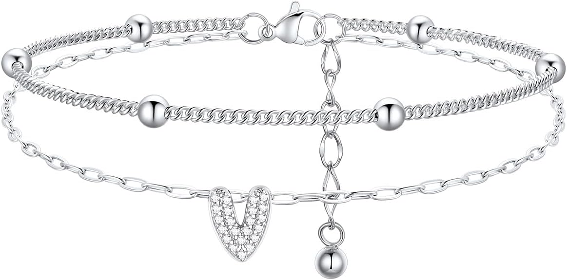 FindChic Silver/14K Gold Plated Layered CZ Initial Ankle Bracelet for Women | Waterproof Stainless Steel, Cubic Zirconia Letter Charm, Non-Tarnish, Hypoallergenic, Adjustable Extender, Summer Jewelry