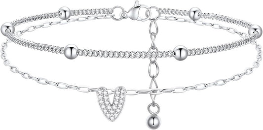FindChic Silver/14K Gold Plated Layered CZ Initial Ankle Bracelet for Women | Waterproof Stainless Steel, Cubic Zirconia Letter Charm, Non-Tarnish, Hypoallergenic, Adjustable Extender, Summer Jewelry