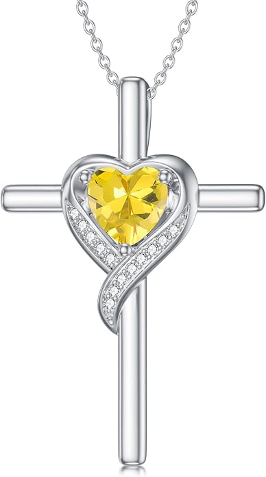 TOUPOP Birthstone Cross Necklace for Women 925 Sterling Silver Heart Cross Pendant Necklace Mothers Day Birthday Jewelry Gifts for Mom Wife Her