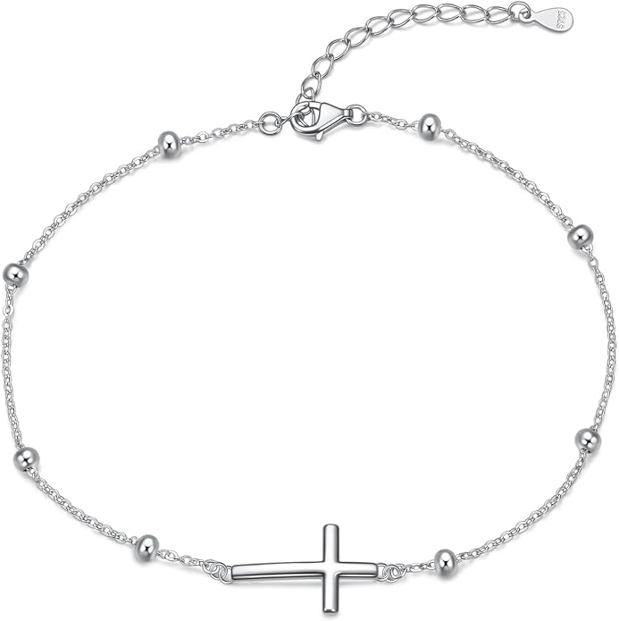 Rnivida 925 Sterling Silver Anklet for Women, Dainty Cross, Evil Eye, Anchor, Wave Beads Chain Ankle Bracelet