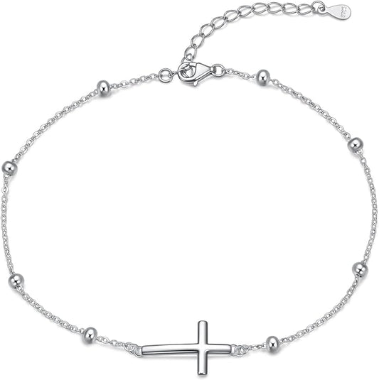 Rnivida 925 Sterling Silver Anklet for Women, Dainty Cross, Evil Eye, Anchor, Wave Beads Chain Ankle Bracelet
