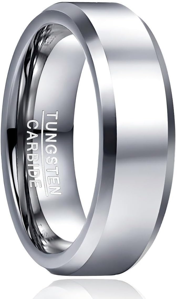Vakki Tungsten Ring for Men 4mm 6mm 8mm Silver Plain Engagement Wedding Band High Polish Finish and Beveled Edges Comfort Fit Size 5-12
