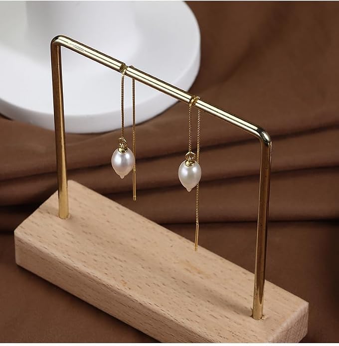 JaruJaru Vermeil Chain Freshwater Pearl Earrings for Women, Gold Threader Earrings, Gold plated on S925 Sterling Silver, Hypoallergenic Thread Through Dangle Earrings