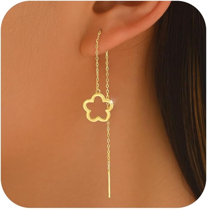 Flower Threader Drop Earrings for Women, 925 Sterling Silver Dainty Hollow Floral Dangle Earrings to Daughter Mother 14k Gold Plated Flowers Long Tassel Chain Earring Birthday Wedding Jewelry Gift