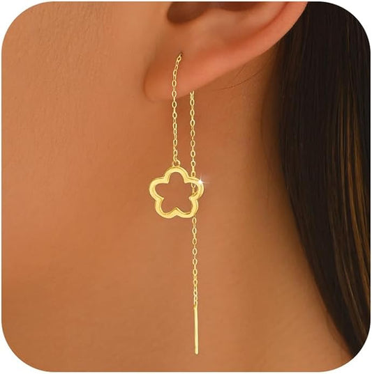 Flower Threader Drop Earrings for Women, 925 Sterling Silver Dainty Hollow Floral Dangle Earrings to Daughter Mother 14k Gold Plated Flowers Long Tassel Chain Earring Birthday Wedding Jewelry Gift
