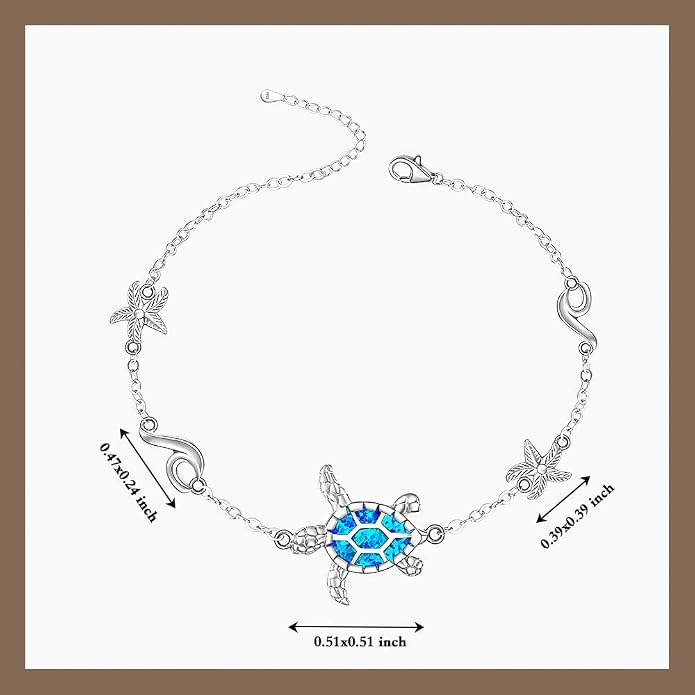 Sea Turtle Ankle Bracelets for Women Blue Opal Sterling Silver Beach Starfish Octopus Conch Ocean Anklets Jewelry Gifts