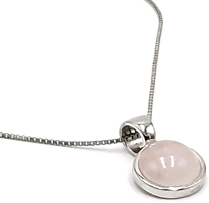 Natural gemstone 8mm round pendant with white gold over 925 sterling silver bezel cabochon plate and box chain, real genuine dainty birthstone gift for her, uniquelan jewelry